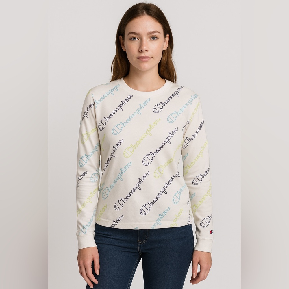 Champion All Over Logo‎ Long Sleeve Shirt White Multicolor | Size M